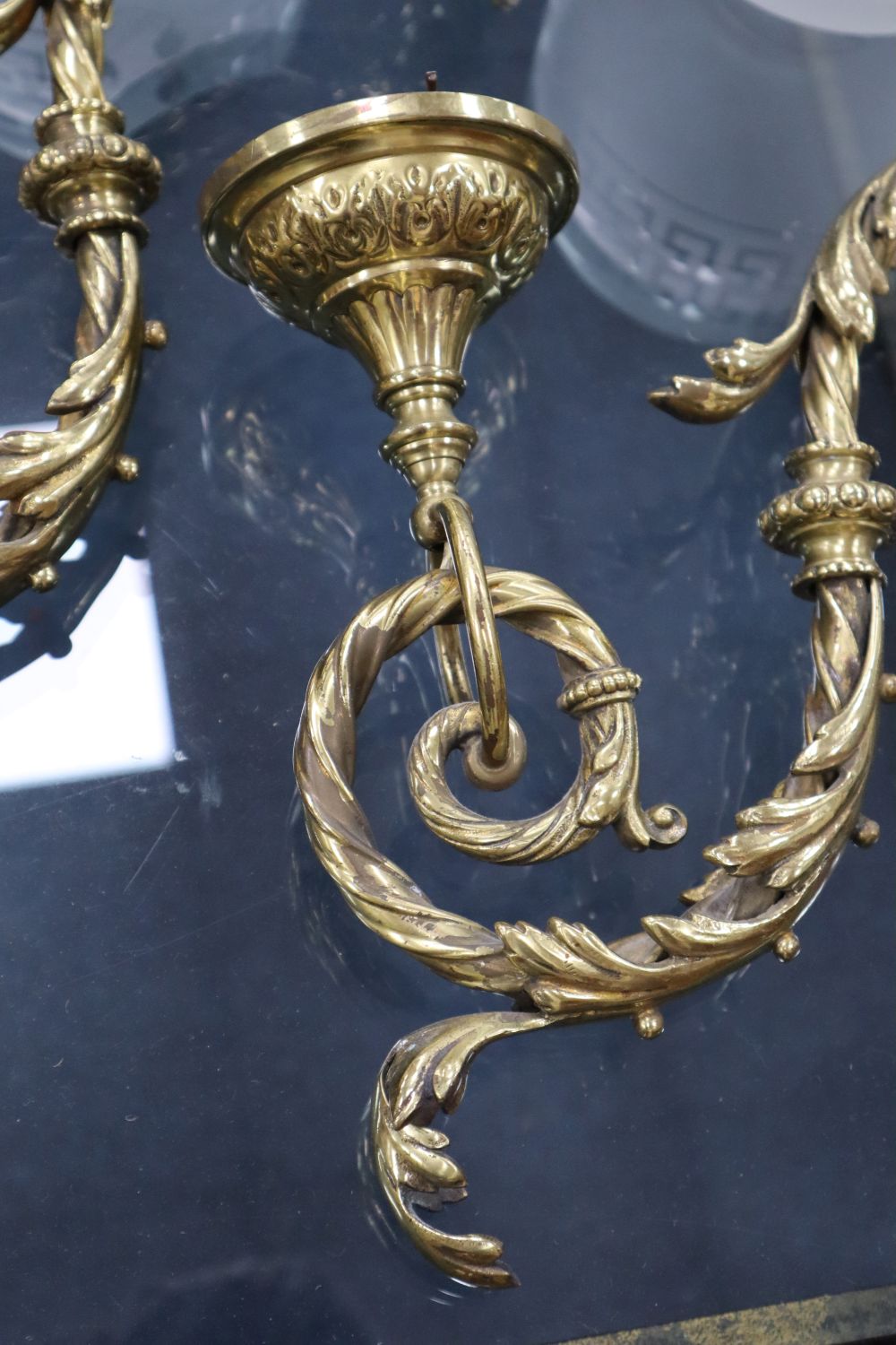 A pair of 19th century French brass single sconce wall lights with etched glass shades, height 25cm